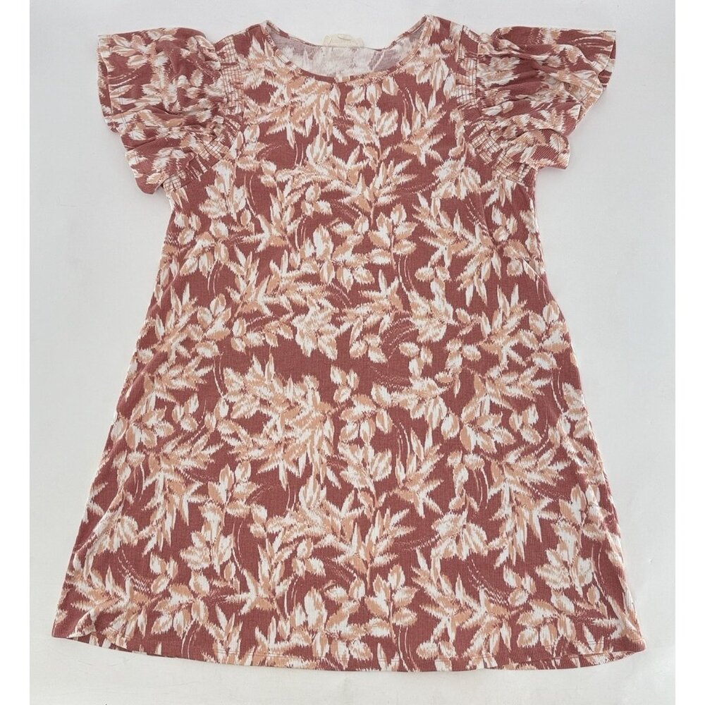 Ecothreads Flutter‎ Sleeve Ribbed Floral Swing Dress Sz L Stretch Comfort Boho